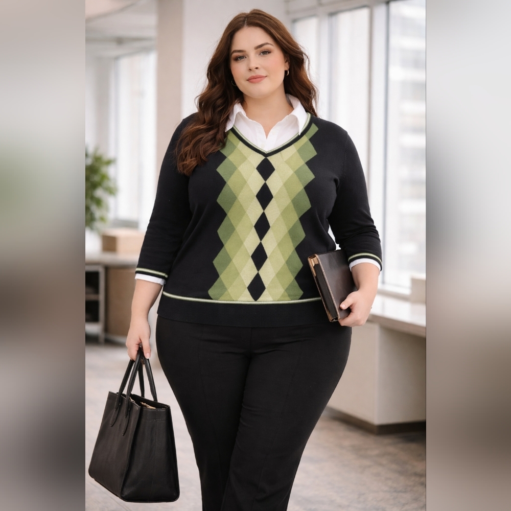 Fred David Argyle Layered Look 2-in-1 Sweater | 3/4 Sleeve 18/20/1X/2X